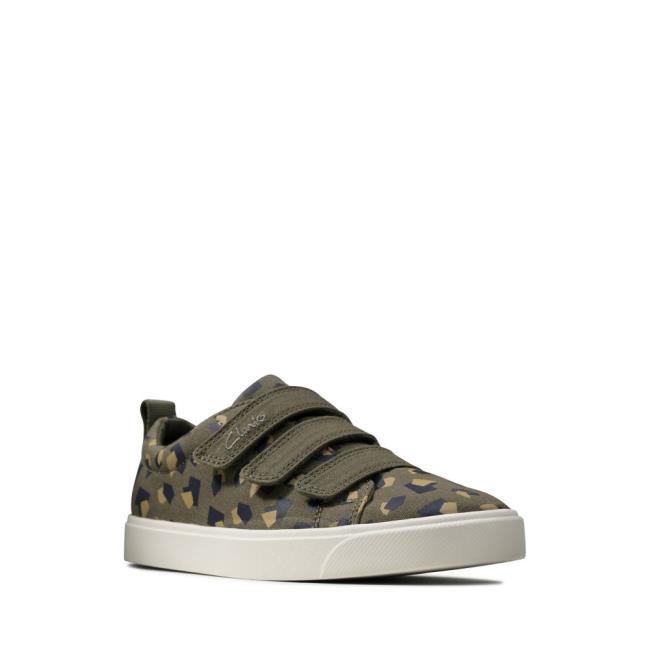 Boys' Clarks City Vibe Kid Canvas Shoes Olive Camo | CLK601OXJ