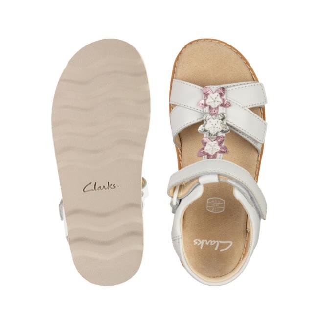 Girls' Clarks Crown Flower Kid Sandals White | CLK375FHL