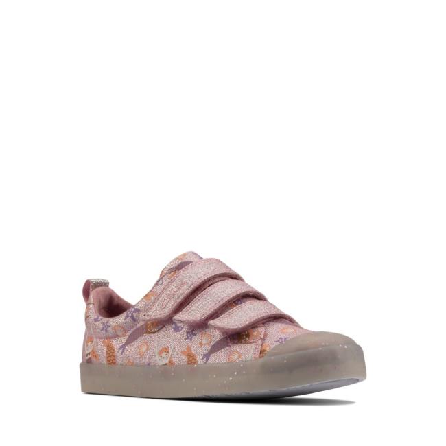 Girls' Clarks Foxing Print Kid Canvas Shoes Pink | CLK568VHU