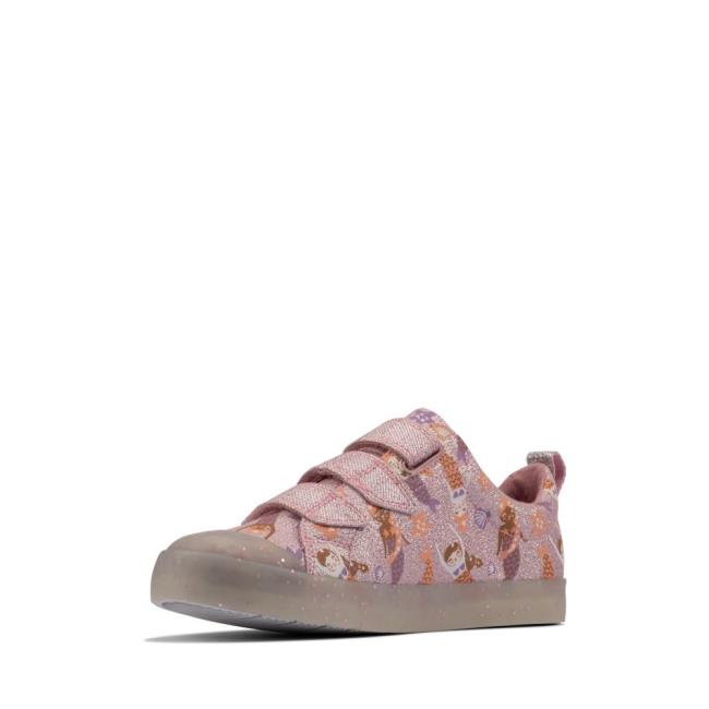 Girls' Clarks Foxing Print Kid Canvas Shoes Pink | CLK568VHU