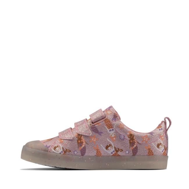 Girls' Clarks Foxing Print Kid Canvas Shoes Pink | CLK568VHU